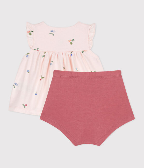 Ensemble naissance deux pièces en coton avec blouse volanté rose FLEUR/blanc MULTICO