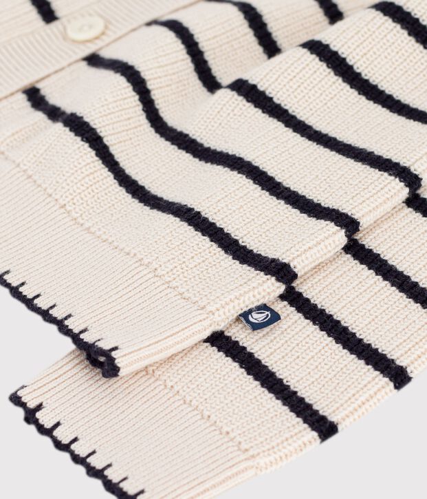 Cardigan enfant en laine et coton &agrave; rayures &eacute;cru/bleu