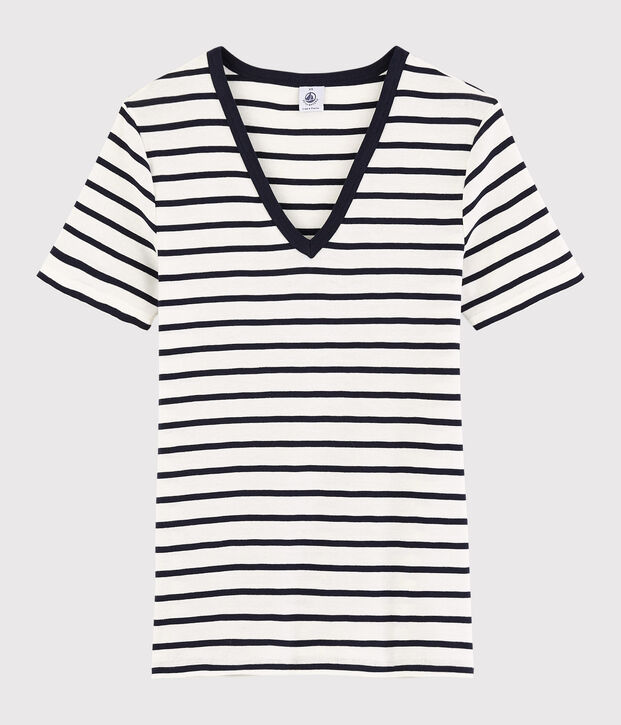 T-shirt col V iconique en coton ray&eacute; Femme blanc/bleu