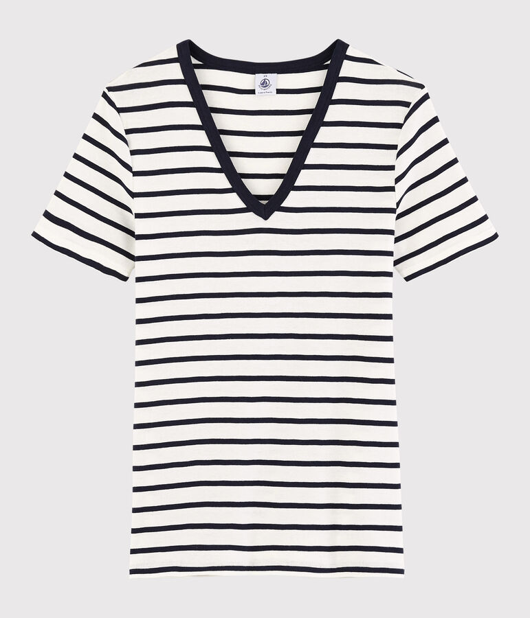 T-shirt col V iconique en coton ray&eacute; Femme blanc MARSHMALLOW/bleu SMOKING