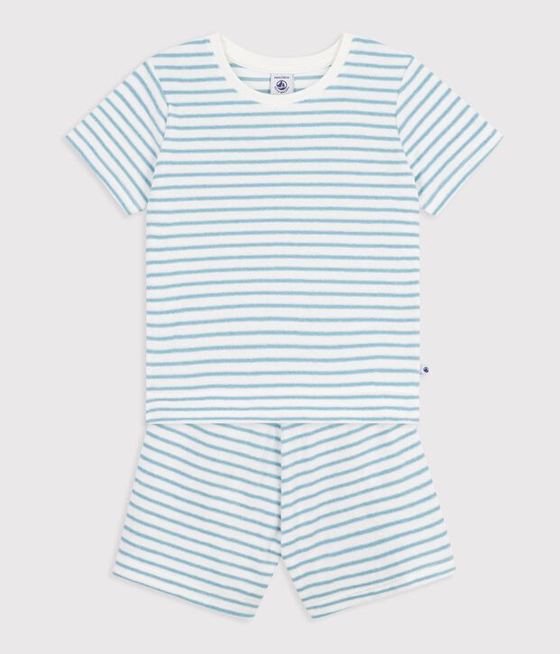 Pyjama short enfant en coton &eacute;ponge &agrave; rayures blanc/vert