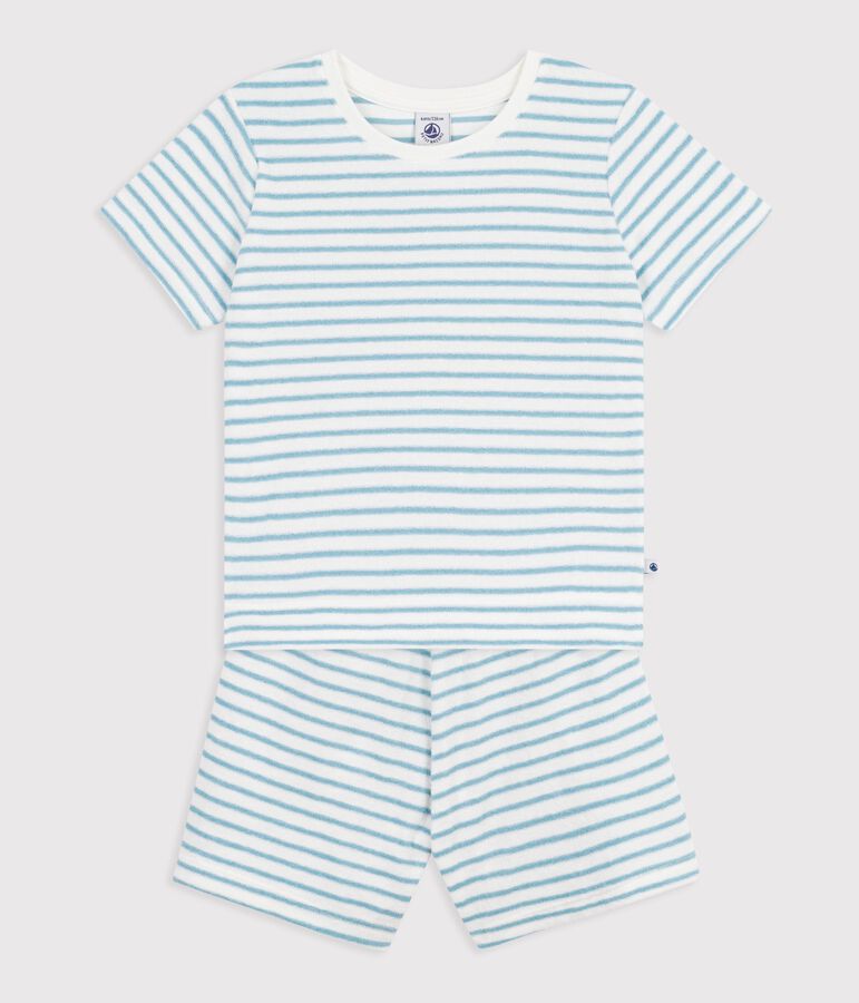 Pyjama short enfant en coton &eacute;ponge &agrave; rayures blanc/vert