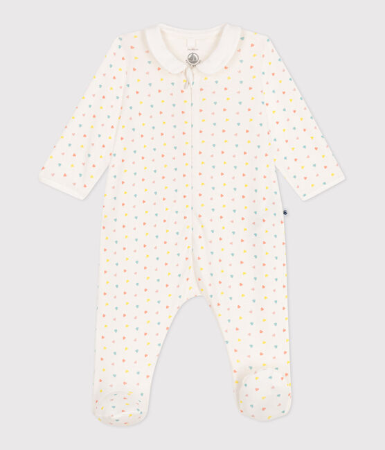 Pyjama bébé en coton à col avec zip cœurs blanc MARSHMALLOW/blanc MULTICO