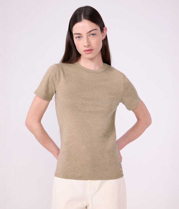 Tee-shirt femme en coton manches courtes uni beige