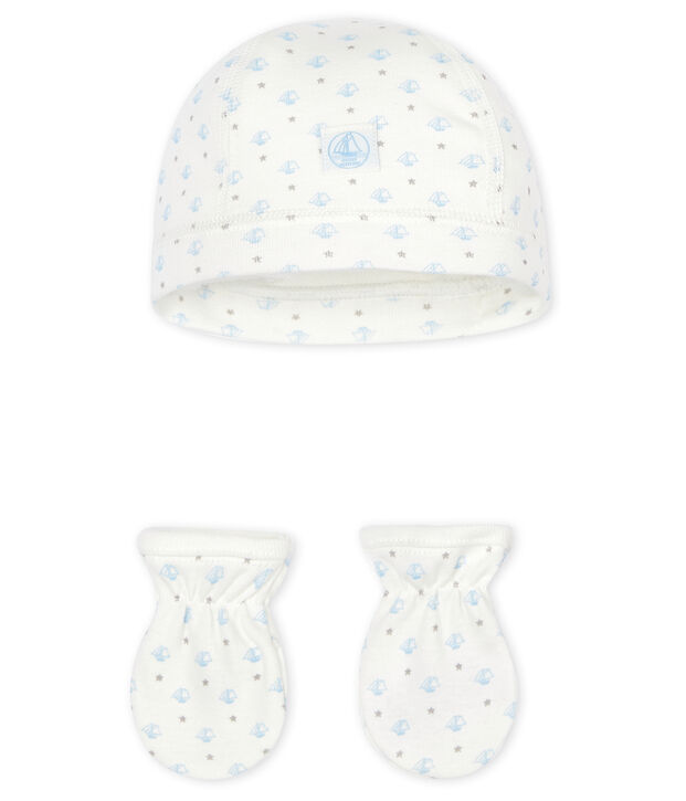 Lot bonnet naissance et moufles b&eacute;b&eacute; en c&ocirc;te multicouleur