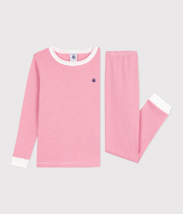 Pyjama enfant en coton tr&egrave;s ajust&eacute; &agrave; rayures rose/blanc