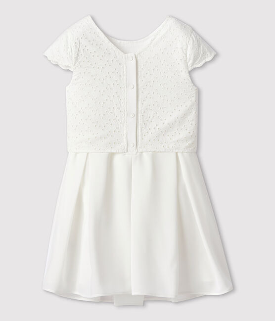 Robe cérémonie en broderie et crêpe enfant fille blanc MARSHMALLOW