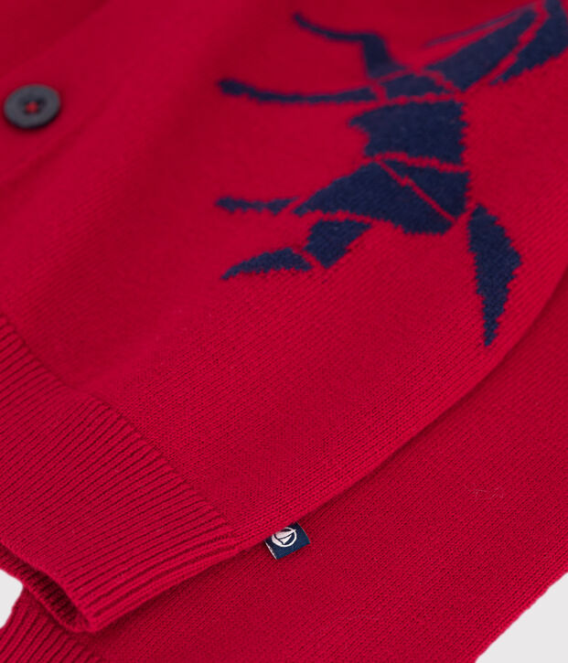 Cardigan enfant en laine et coton &agrave; motifs rouge/bleu