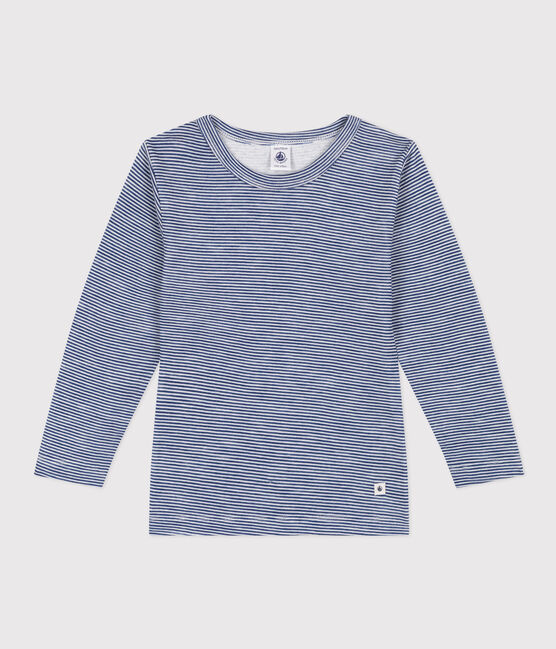 Tee shirt manches longues rayé en laine et coton enfant bleu MEDIEVAL/blanc MARSHMALLOW