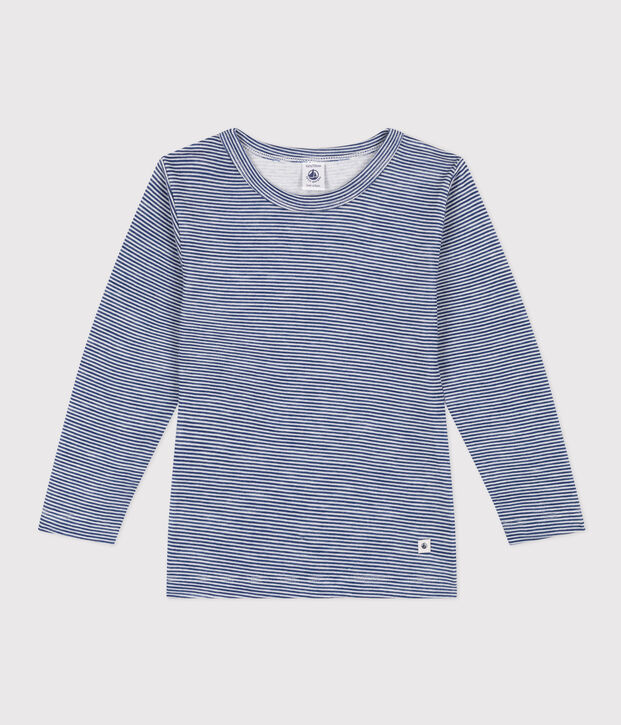 Tee shirt manches longues ray&eacute; en laine et coton enfant bleu/blanc