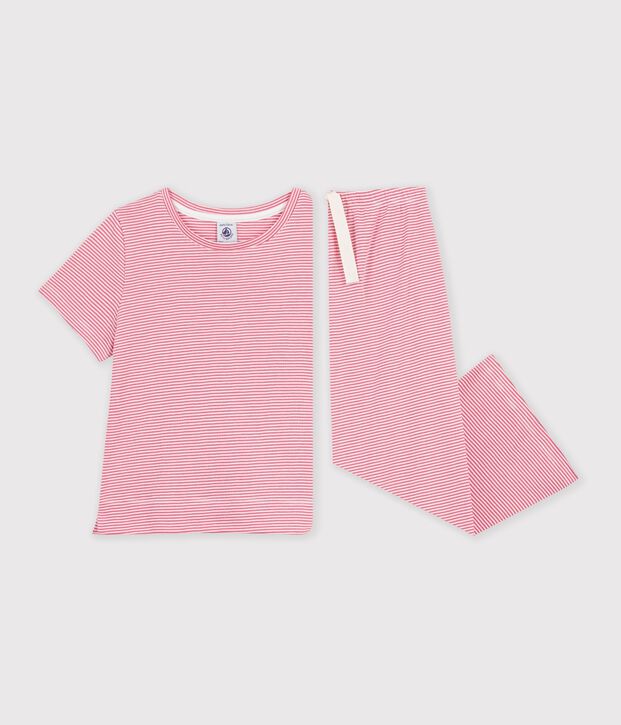 Pyjama enfant en coton jambes larges &agrave; rayures rose/blanc