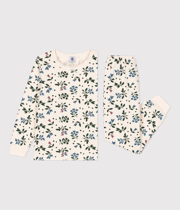 Pyjama fleur petite fille en molleton &eacute;cru/multicouleur
