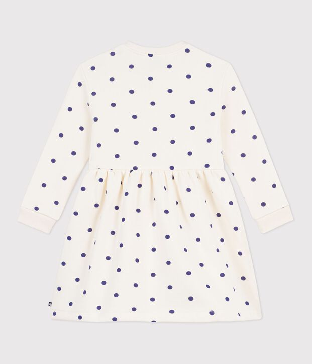 Robe enfant manches longue en coton imprim&eacute;e pois bleu/bleu