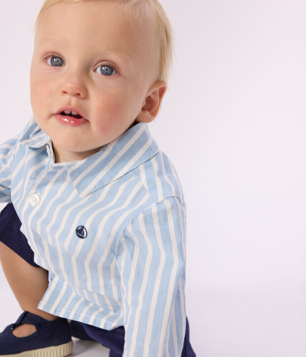 Chemise b&eacute;b&eacute; en coton &agrave; manches longues, ray&eacute;e bleu/blanc
