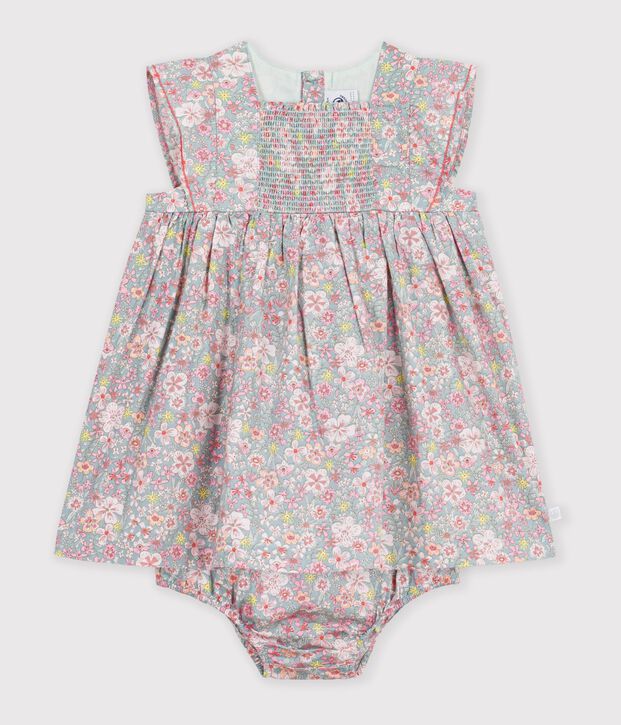 Robe b&eacute;b&eacute; en coton manches courtes et son bloomer imprim&eacute;s fleurs bleu/multicouleur