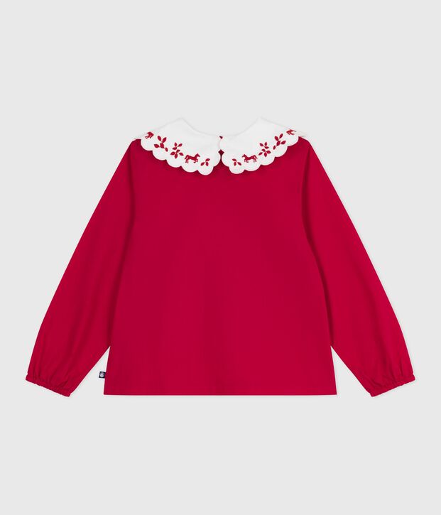 Blouse enfant en popeline de coton manches longues imprim&eacute;e rouge