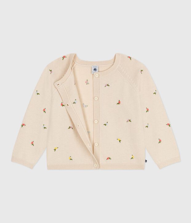 Cardigan enfant en laine et coton &agrave; motifs brod&eacute;s &eacute;cru/multicouleur