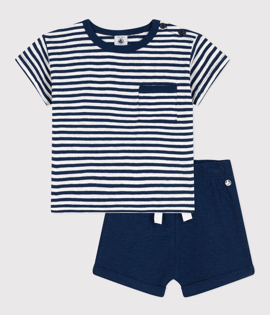Ensemble bébé en jersey flammé et coton bleu MEDIEVAL/blanc MARSHMALLOW