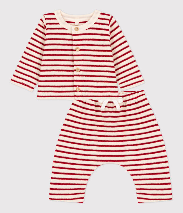 Ensemble b&eacute;b&eacute; 2 pi&egrave;ces ray&eacute; en bouclette &eacute;ponge &eacute;cru/rouge