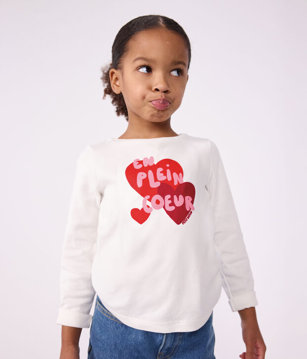 Tee-shirt enfant manches longues &agrave; motif c&oelig;ur blanc