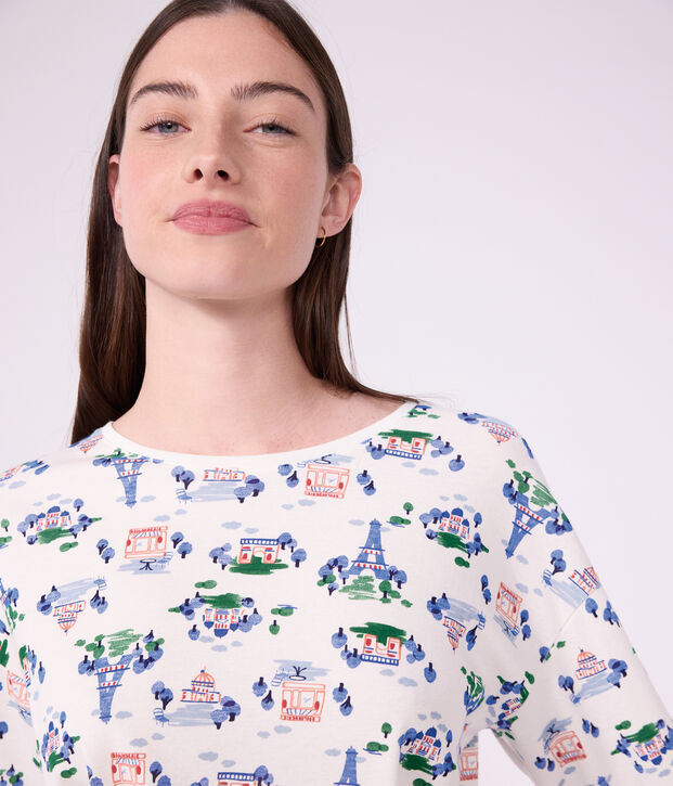 Pyjama femme en coton imprim&eacute; Paris blanc/multicouleur