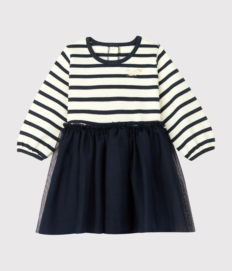 Robe manches longues bi-mati&egrave;re b&eacute;b&eacute; fille beige COQUILLE/bleu SMOKING