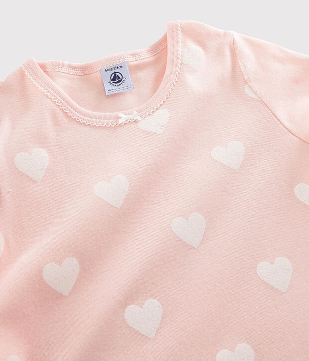 Pyjama rose &agrave; c&oelig;ur petite fille en coton biologique rose/blanc