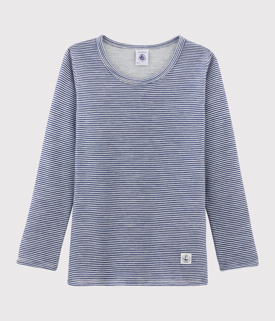 Tee-shirt manches longues enfant milleraies en laine et coton bleu MEDIEVAL/blanc MARSHMALLOW