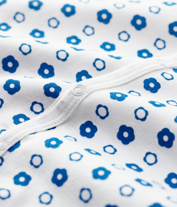 Dors-bien sans pieds b&eacute;b&eacute; fleurs r&eacute;tro en coton biologique blanc/bleu