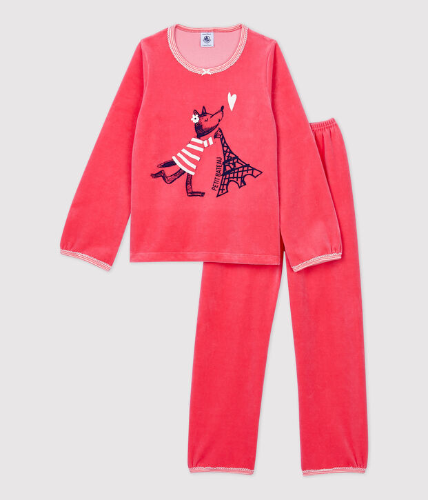 Pyjama rose petite fille motif louvette en velours rose
