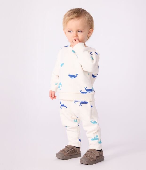 Ensemble sweatshirt et pantalon b&eacute;b&eacute; en coton imprim&eacute; baleine &eacute;cru/multicouleur