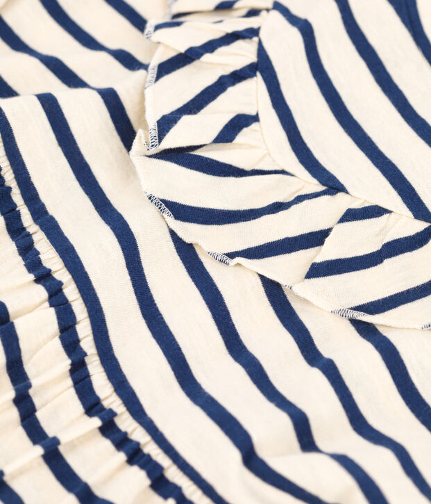 Robe ray&eacute;e manches courtes en coton enfant fille &eacute;cru/bleu