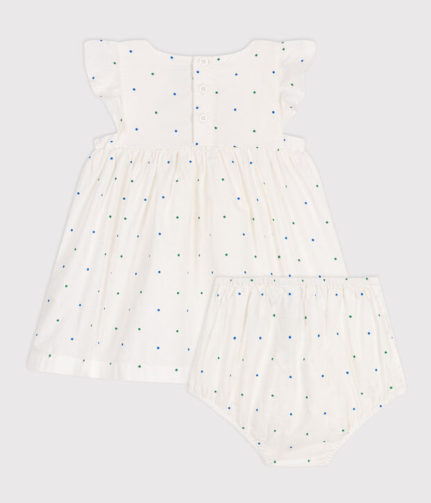 Robe blanche b&eacute;b&eacute; en coton et son bloomer, imprim&eacute;s &agrave; pois blanc/multicouleur