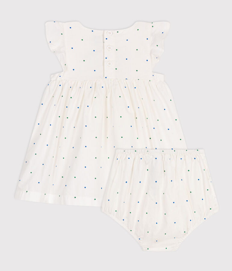 Robe blanche b&eacute;b&eacute; en coton et son bloomer, imprim&eacute;s &agrave; pois blanc MARSHMALLOW/blanc MULTICO