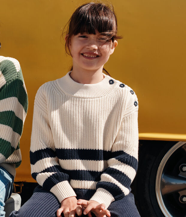 Pull en coton enfant fille &eacute;cru/bleu
