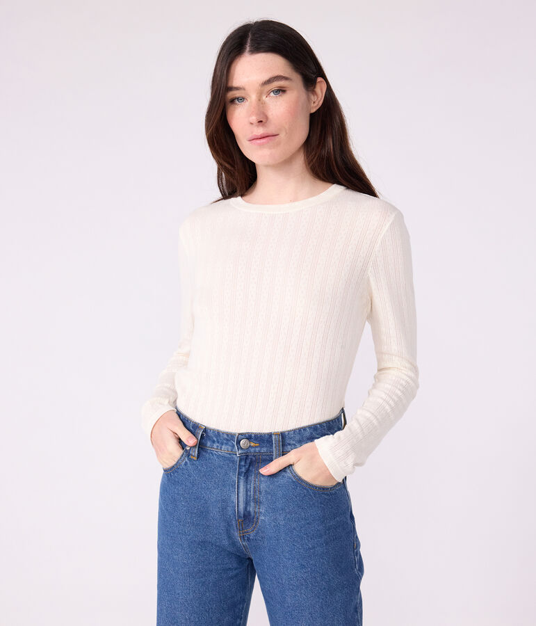 Tee-shirt femme l'iconique en coton ajour&eacute; manches longues &eacute;cru MILK