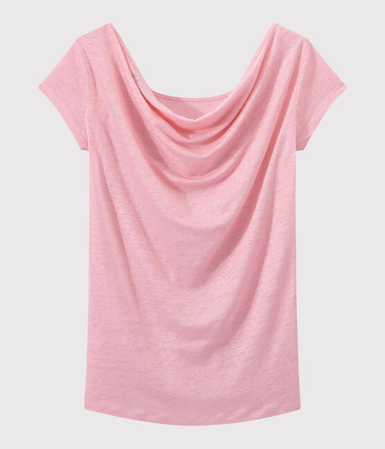 T-shirt femme col bénitier au dos en lin irisé rose BABYLONE/gris ARGENT