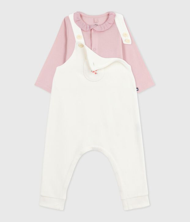 Ensemble salopette b&eacute;b&eacute; en coton uni et d&eacute;tails raffin&eacute;s &eacute;cru/rose