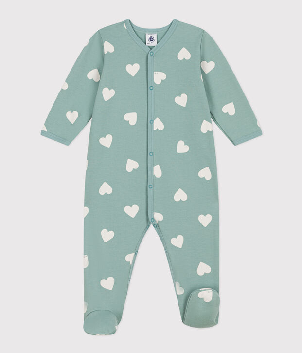 Pyjama b&eacute;b&eacute; coeurs en molleton vert/&eacute;cru