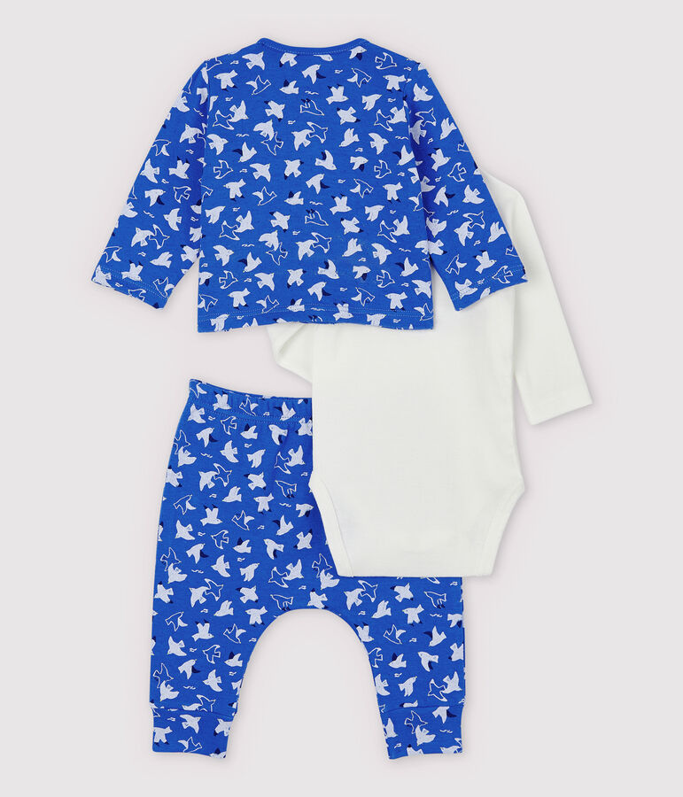 Ensemble 3 pi&egrave;ces bleu b&eacute;b&eacute; en coton biologique bleu COOL/&eacute;cru MULTICO