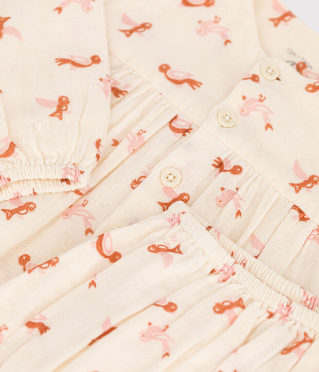 Robe et bloomer b&eacute;b&eacute; imprim&eacute;s oiseaux en gaze de coton &eacute;cru/multicouleur