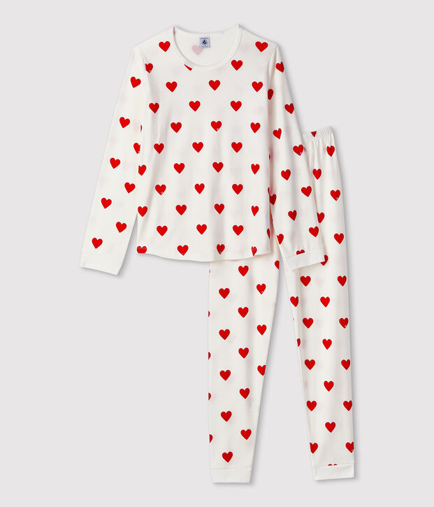 Pyjama enfant imprim&eacute; c&oelig;urs en c&ocirc;te blanc/rouge