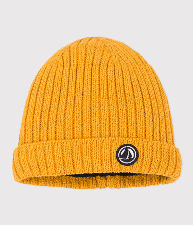 Bonnet b&eacute;b&eacute; en tricot doubl&eacute; en polaire jaune