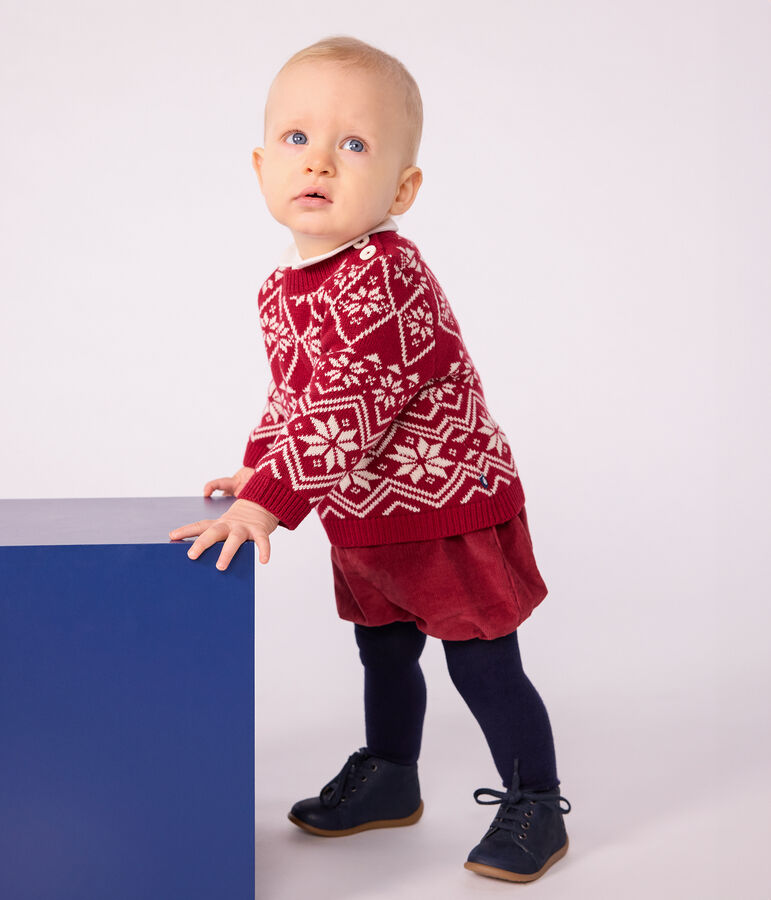 Pull b&eacute;b&eacute; en laine et coton &agrave; motifs rouge/&eacute;cru