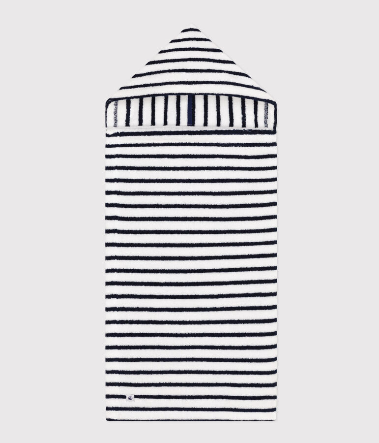 Cape de bain &agrave; rayures b&eacute;b&eacute; en &eacute;ponge blanc LAIT/bleu MEDIEVAL