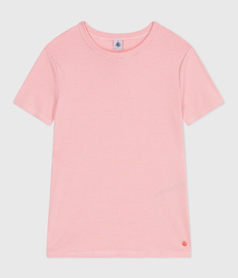 Tee-shirt femme en coton manches courtes &agrave; rayures rose GRETEL/blanc MARSHMALLOW
