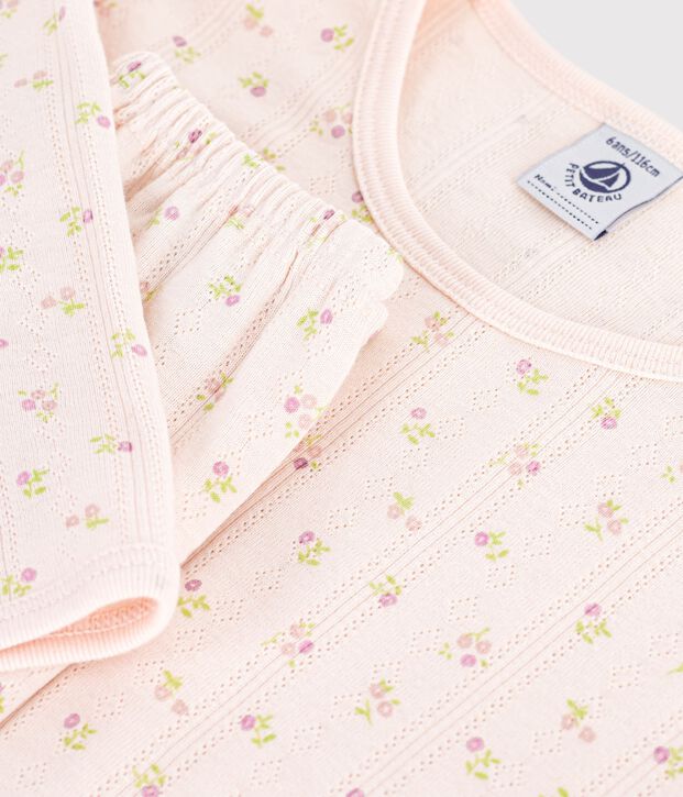 Pyjama femme en coton ajour&eacute; beige/rose/multicouleur
