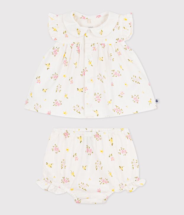 Ensemble 2 pi&egrave;ces b&eacute;b&eacute; en coton, blouse et bloomer imprim&eacute;s fleurs blanc/multicouleur