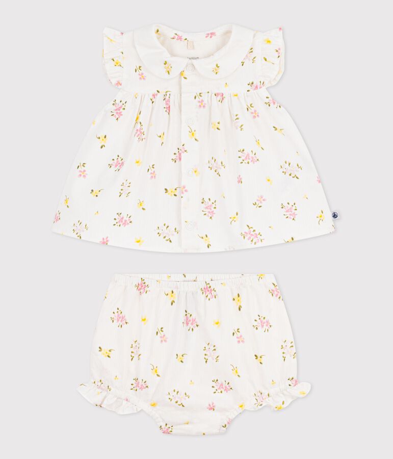 Ensemble 2 pi&egrave;ces b&eacute;b&eacute; en coton, blouse et bloomer imprim&eacute;s fleurs blanc MARSHMALLOW/blanc MULTICO