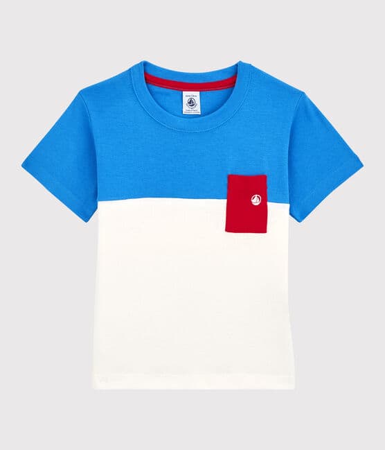 T-shirt manches courtes en coton enfant garçon bleu BRASIER/gris MARSHMALLOW